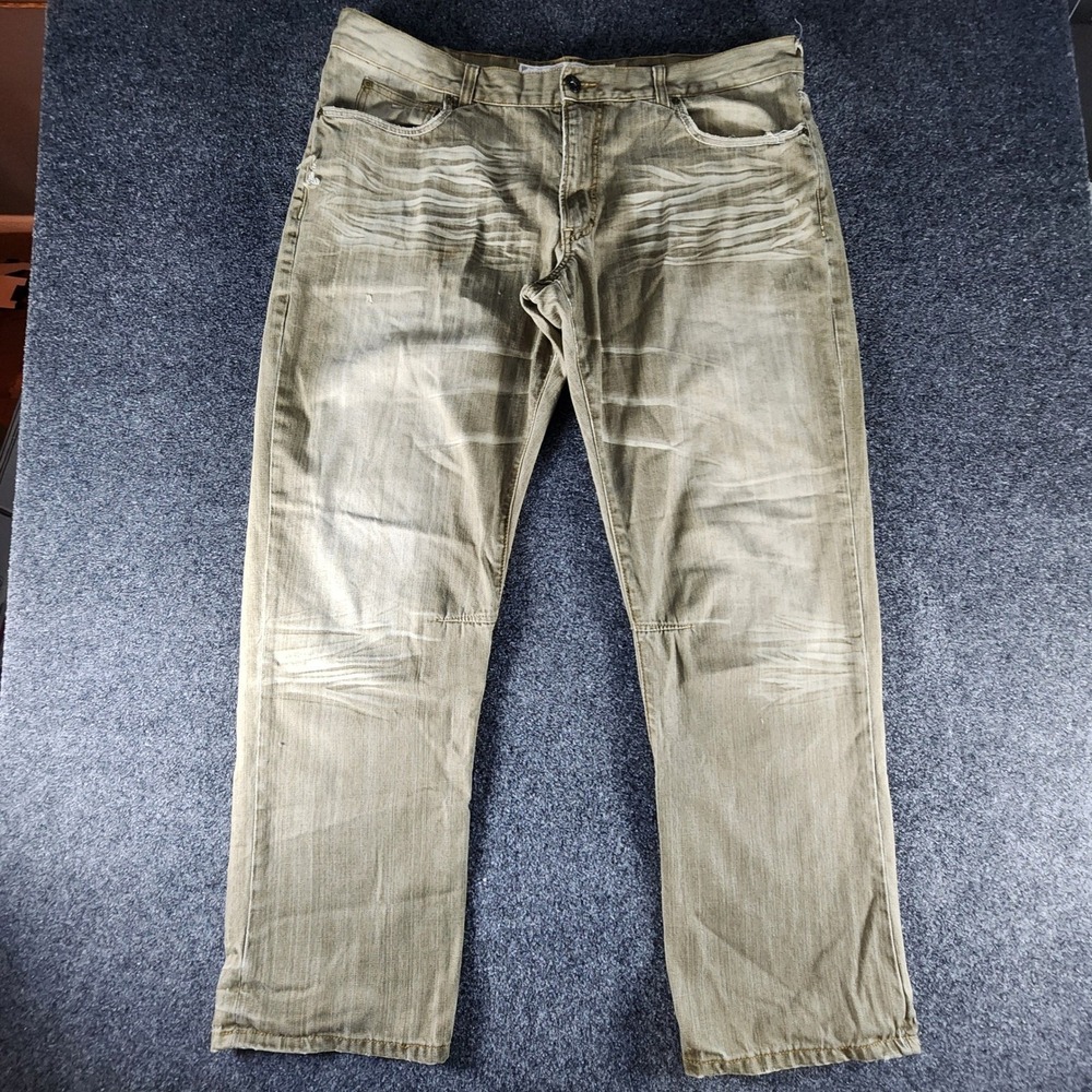 Akoo Mens Denim Jeans 42x32 Faded Olive Green Embroidered Straight Whiskered‎